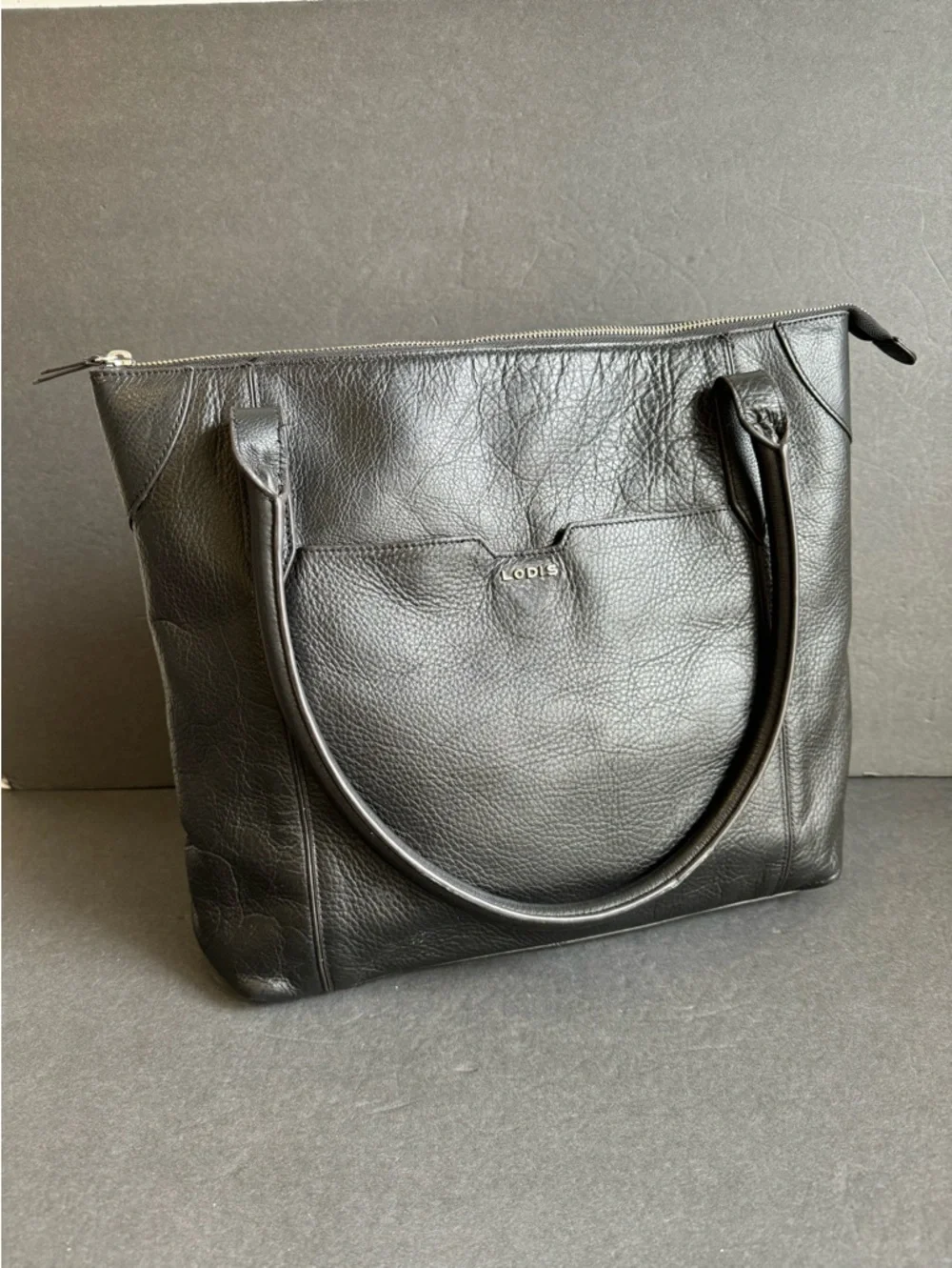 LODIS Black Leather Shoulder Tote Bag‎ Work Laptop Travel Purse